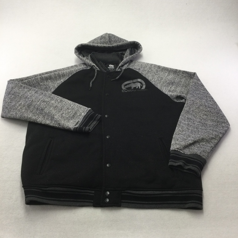 Ecko Unltd Jacket Mens 2XL Black Gray Hooded Varsity Snap Quilted Logo Fleece
